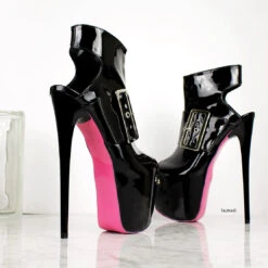Black Gloss Big Belted Ankle Heels -Tajna Shoes black gloss big belted extreme high heel shoes 6