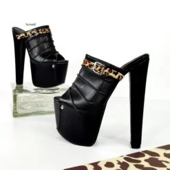 Black Leopard Detail Chunky Heel Mules -Tajna Shoes black leopard high heel mules 3