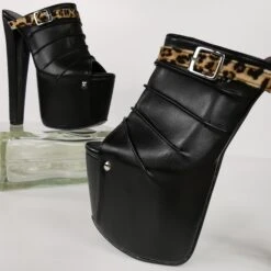 Black Leopard Detail Chunky Heel Mules -Tajna Shoes black leopard high heel mules 4