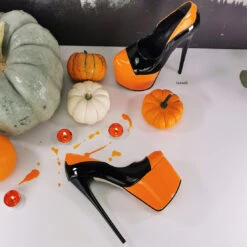 Double Black Orange Patent High Heels 7 Double Black Orange Patent High Heels -Tajna Shoes black orange gloss halloween high heel shoes 6