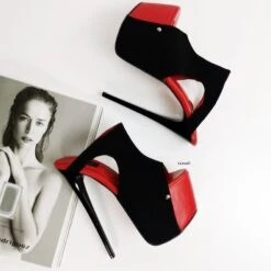 Red Black Suede High Heel Designer Mules -Tajna Shoes black red suede high heel platform mules 4