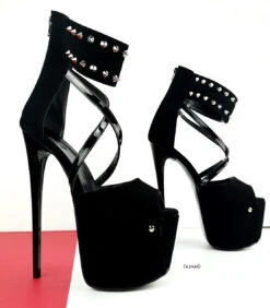 Black Suede Spike Strap High Heels -Tajna Shoes black spike high heel platform shoes 7 inches 1