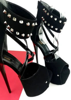 Black Suede Spike Strap High Heels -Tajna Shoes black spike high heel platform shoes 7 inches 4