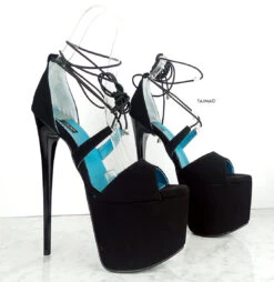 Black Suede Ankle Lace High Heels -Tajna Shoes black suede 7 inches high heel platform shoes 4