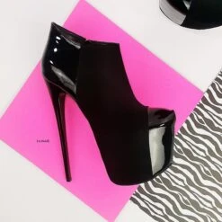 Gloss Detail Black Suede Ankle High Heels