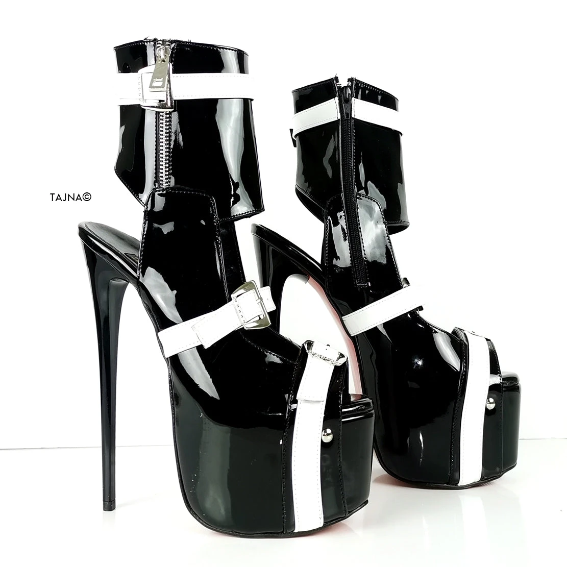 Black White Patent Belted Ankle Heels 3 Black White Patent Belted Ankle Heels - Image 3