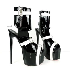 Tajna Shoes 14 Black White Patent Belted Ankle Heels
