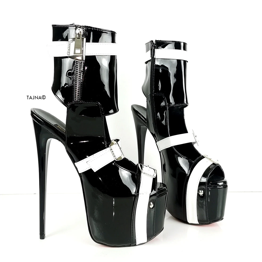 Black White Patent Belted Ankle Heels 1 Black White Patent Belted Ankle Heels