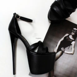 Tajna Shoes 16 Black Cross Ankle Strap Platform Heels