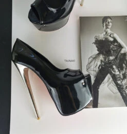 Black Patent Metallic Heel Peep Toe Pumps