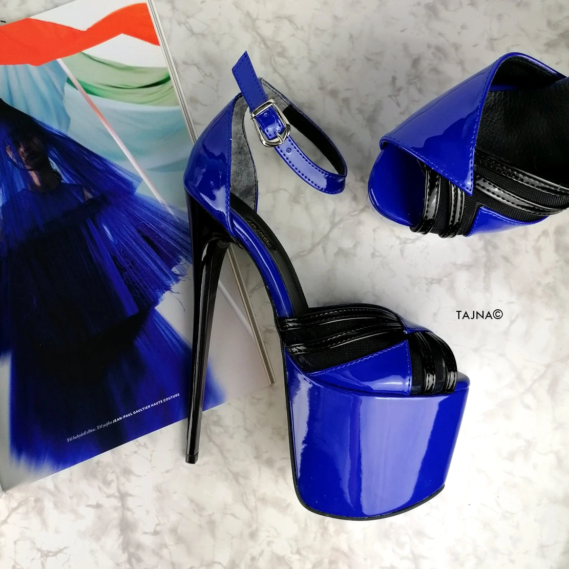 Black Blue Gloss Designer Strap High Heels 5 Black Blue Gloss Designer Strap High Heels - Image 5