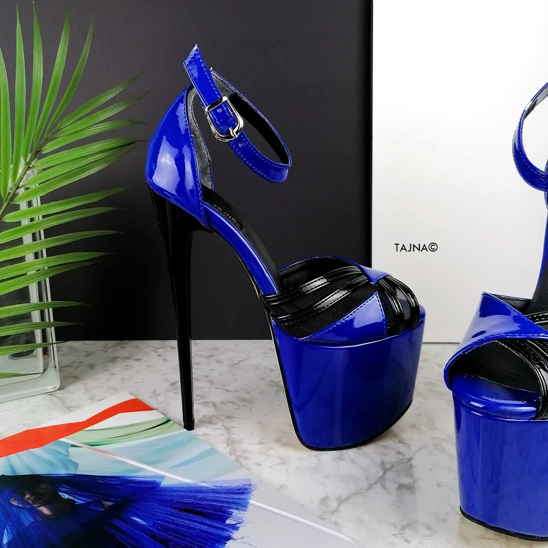 Black Blue Gloss Designer Strap High Heels 3 Black Blue Gloss Designer Strap High Heels - Image 3