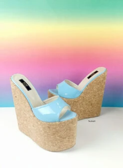 Blue Patent Cork Wedge Mules -Tajna Shoes blue cork wedge mules high heel sandals 1