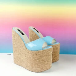 Blue Patent Cork Wedge Mules -Tajna Shoes blue cork wedge mules high heel sandals 3