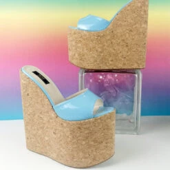 Blue Patent Cork Wedge Mules