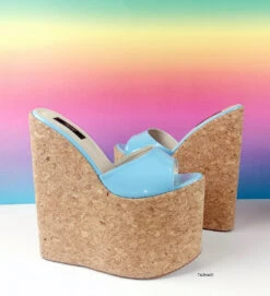 Blue Patent Cork Wedge Mules -Tajna Shoes blue cork wedge mules high heel sandals 7