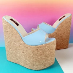 Blue Patent Cork Wedge Mules -Tajna Shoes blue cork wedge mules high heel sandals 8