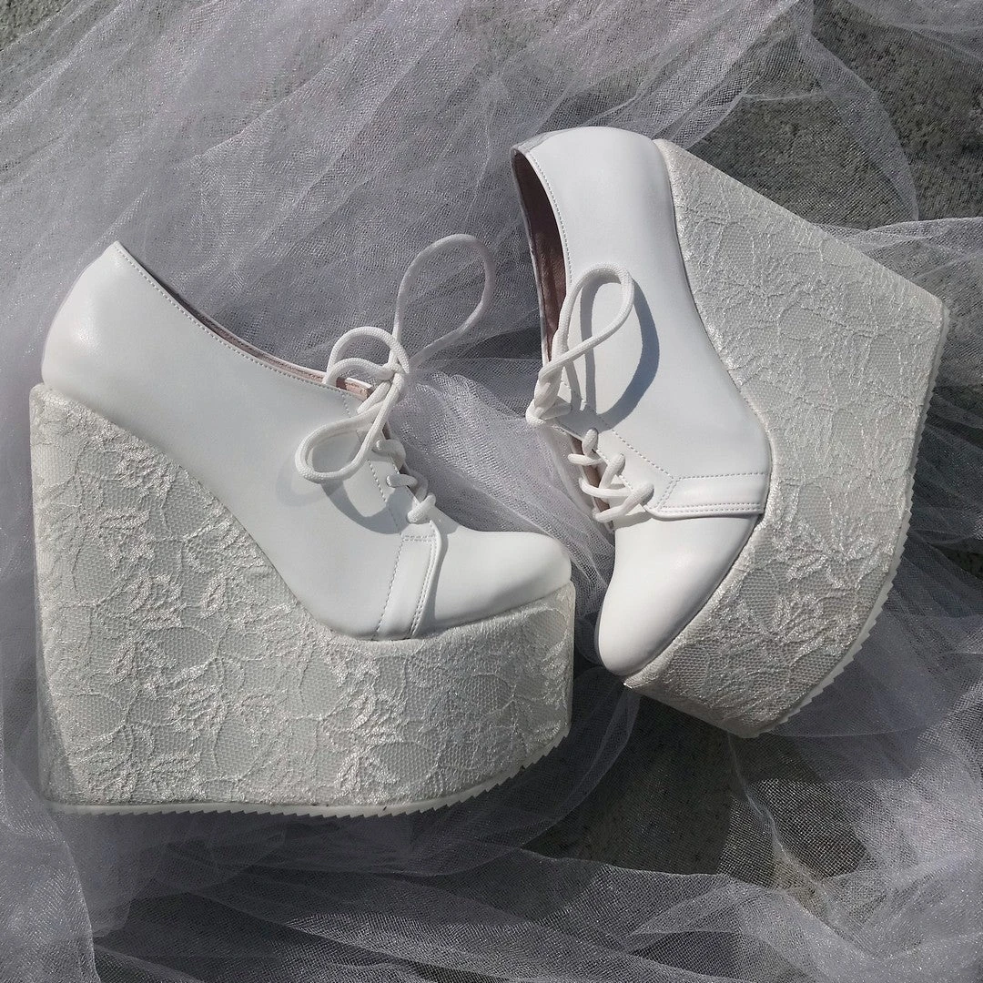 Bridal White Lace Up Wedge Shoes 2 Bridal White Lace Up Wedge Shoes - Image 2