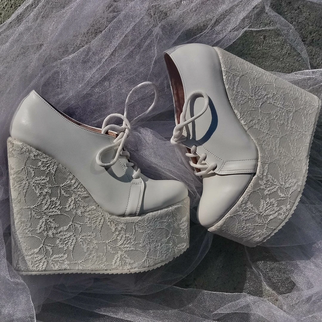 Bridal White Lace Up Wedge Shoes 4 Bridal White Lace Up Wedge Shoes - Image 4