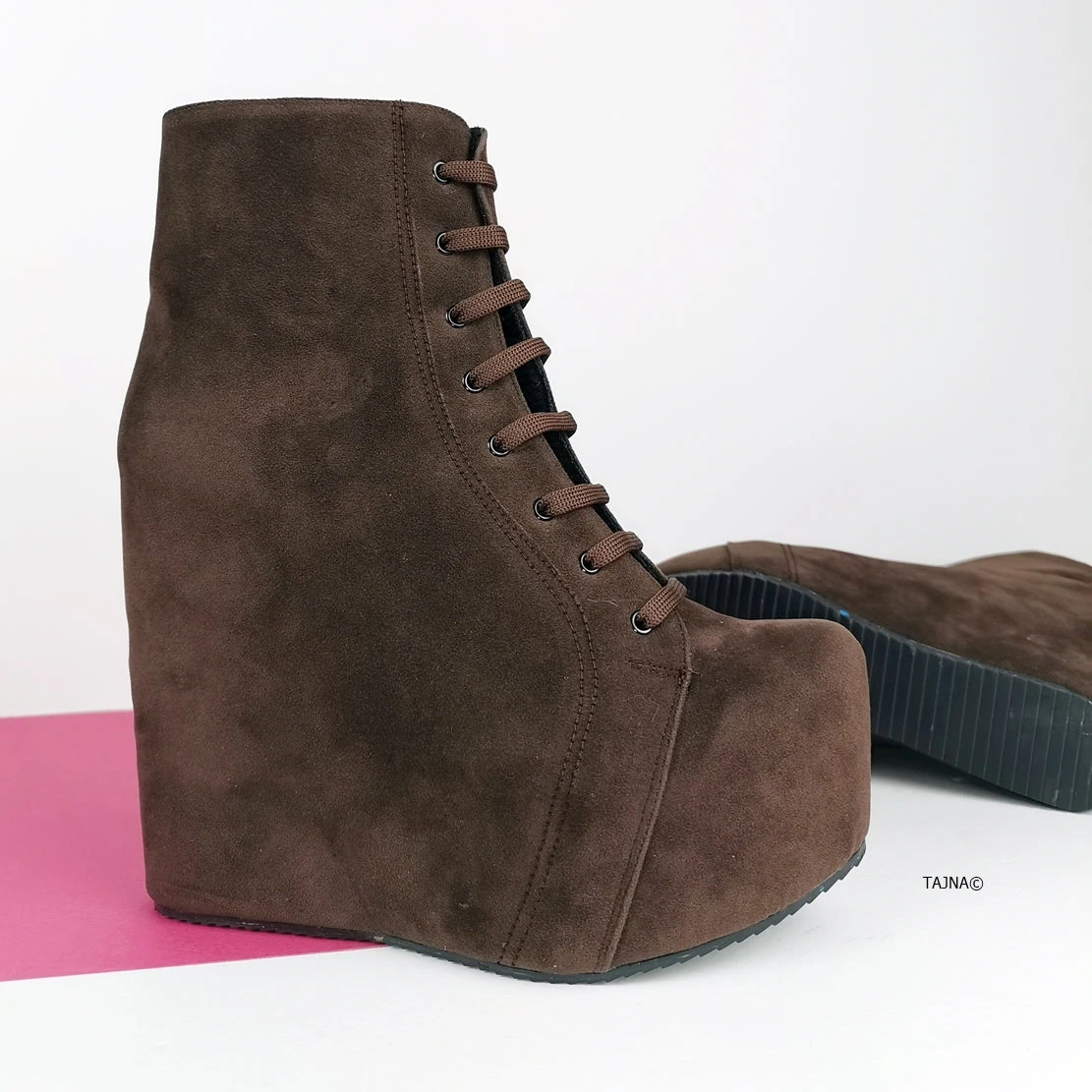 Brown Suede Lace Up Platform Wedge Booties 2 Brown Suede Lace Up Platform Wedge Booties - Image 2