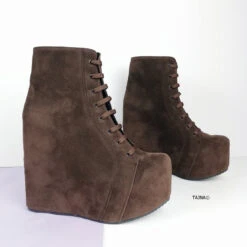Brown Suede Lace Up Platform Wedge Booties 11 Brown Suede Lace Up Platform Wedge Booties -Tajna Shoes brown suede hidden heel platform lace up wedge booties tajna club boots 6