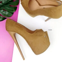 Tobacco Brown Suede Peep Toe Pumps