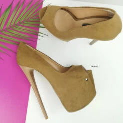 Tobacco Brown Suede Peep Toe Pumps -Tajna Shoes brown suede peep toe 19 cm high heel platform shoes 7