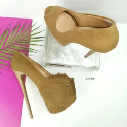 Tobacco Brown Suede Peep Toe Pumps -Tajna Shoes brown suede peep toe 19 cm high heel platform shoes 9
