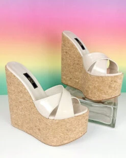 Cross Strap Nude Cream Cork Wedge Mules -Tajna Shoes cork nude cream platform wedg mules tajna club 1