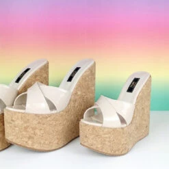Cross Strap Nude Cream Cork Wedge Mules -Tajna Shoes cork nude cream platform wedg mules tajna club 2