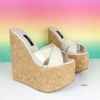 Cross Strap Nude Cream Cork Wedge Mules