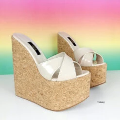 Cross Strap Nude Cream Cork Wedge Mules