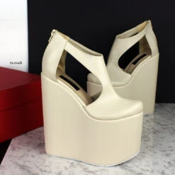 Cream Matte Open Sides High Heel Wedges -Tajna Shoes cream nude extreme high heel wedge shoes bridal wedding 4