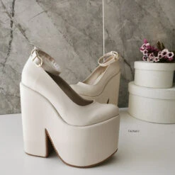 Cream Ankle Strap High Heel Wedges -Tajna Shoes cream extra high heel wedge wedding shoes 1
