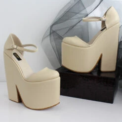 Cream Nude Strap High Heel Wedges