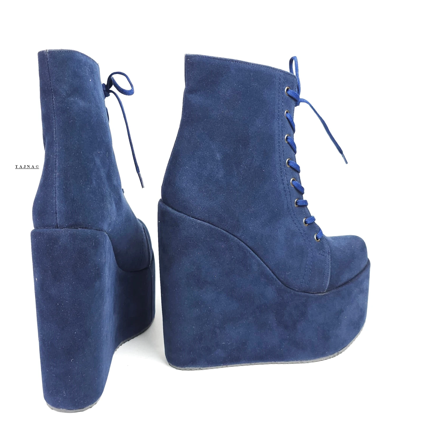 Navy Blue Lace Up High Heel Platform Wedge Ankle Boots 2 Navy Blue Lace Up High Heel Platform Wedge Ankle Boots - Image 2