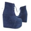 Navy Blue Lace Up High Heel Platform Wedge Ankle Boots