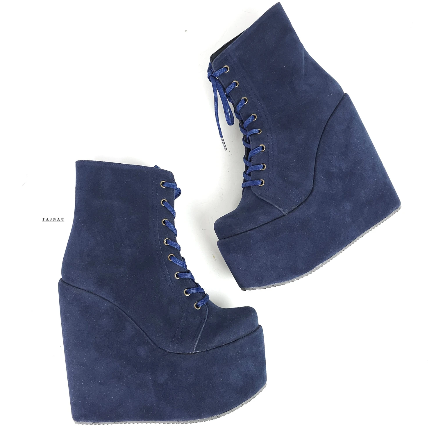 Navy Blue Lace Up High Heel Platform Wedge Ankle Boots 3 Navy Blue Lace Up High Heel Platform Wedge Ankle Boots - Image 3