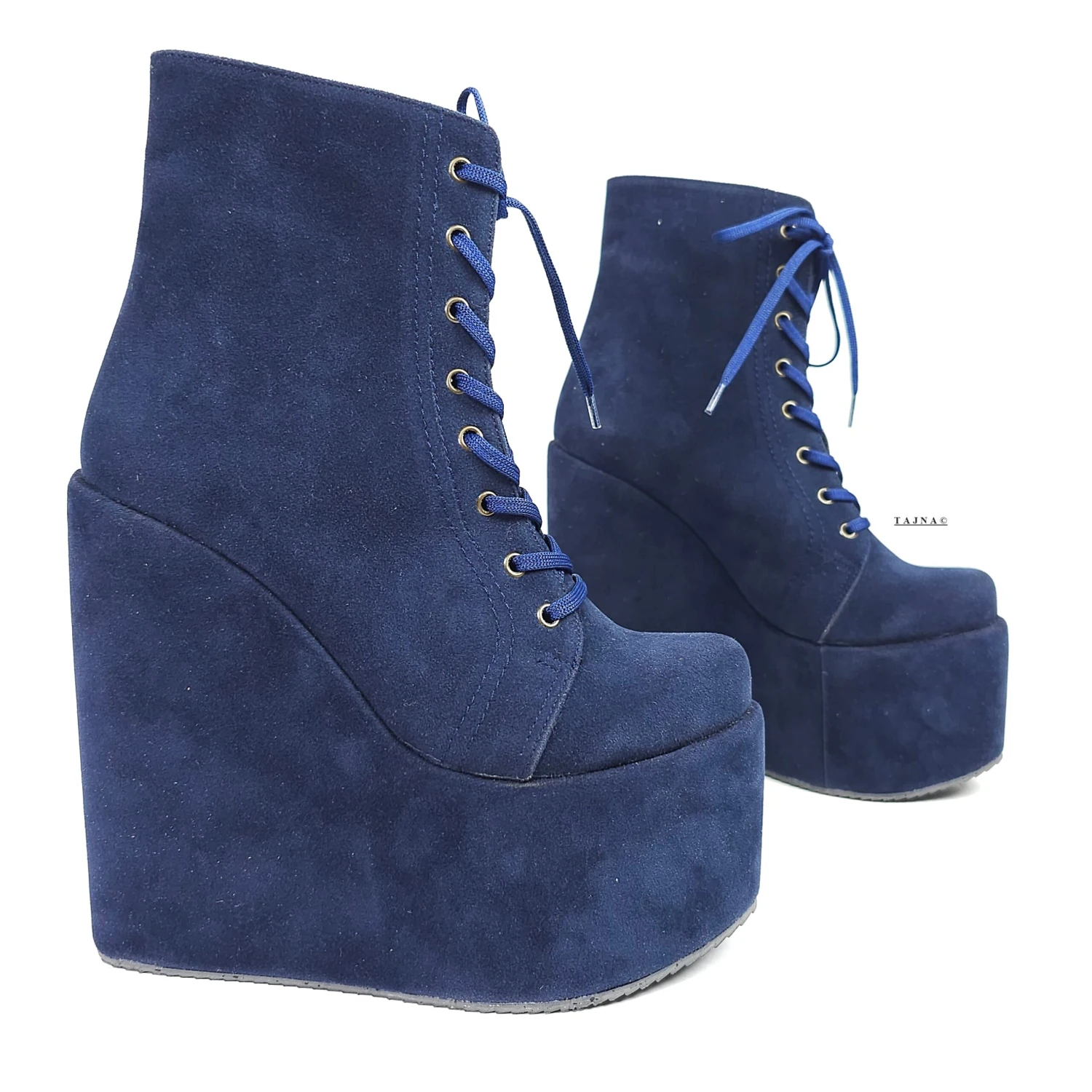 Navy Blue Lace Up High Heel Platform Wedge Ankle Boots 4 Navy Blue Lace Up High Heel Platform Wedge Ankle Boots - Image 4