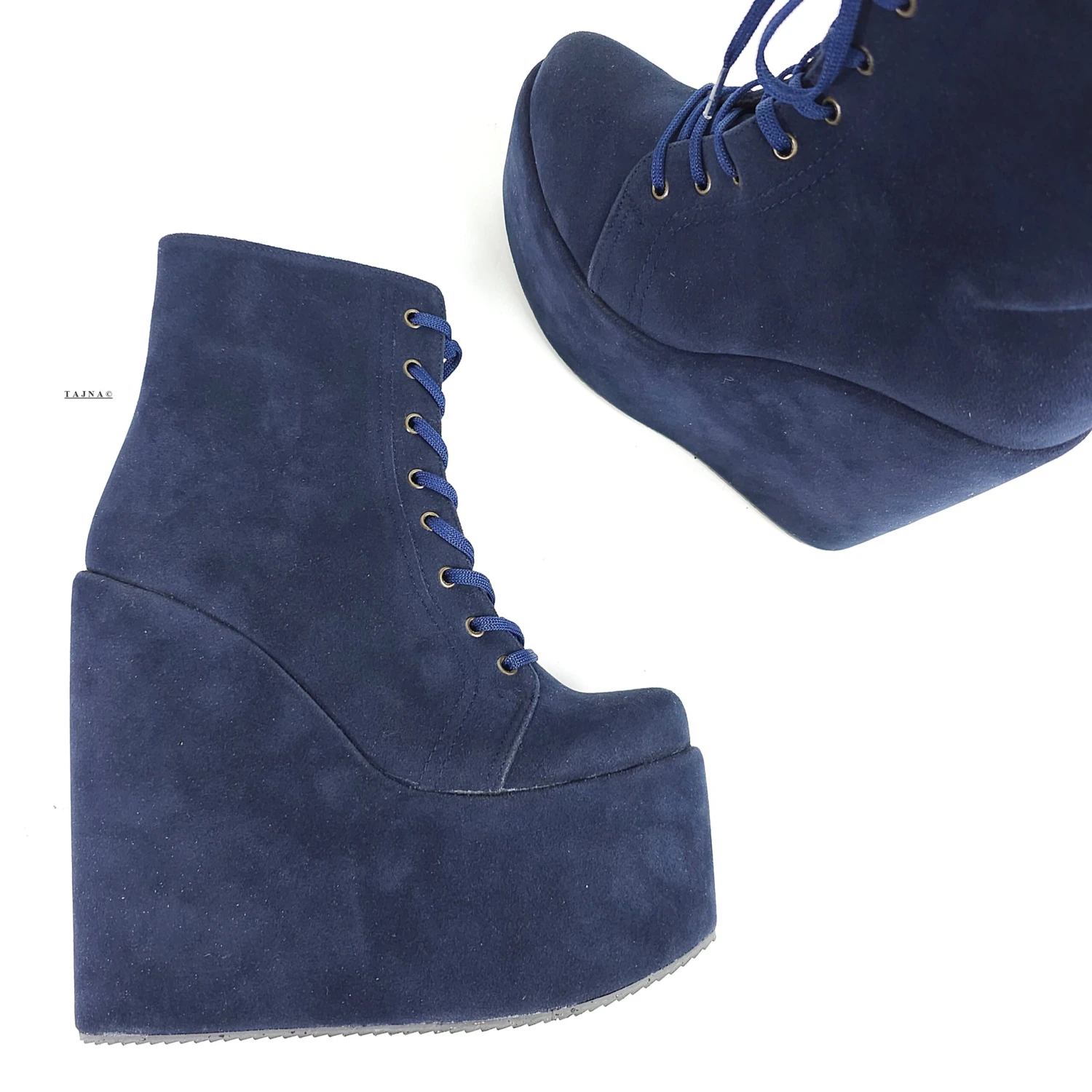 Navy Blue Lace Up High Heel Platform Wedge Ankle Boots 5 Navy Blue Lace Up High Heel Platform Wedge Ankle Boots - Image 5