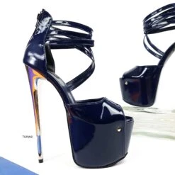 Navy Blue Gloss Multi Strap Ankle Metallic Heels