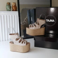 Cream Beige Suede Heel Platform Wedge Sandals 7 Cream Beige Suede Heel Platform Wedge Sandals -Tajna Shoes espadril wedge sandals 5
