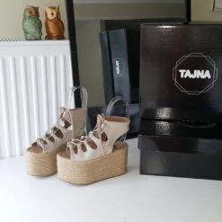 Cream Beige Suede Heel Platform Wedge Sandals 8 Cream Beige Suede Heel Platform Wedge Sandals -Tajna Shoes espadril wedge sandals 8