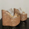 Golden Glitter Transparent Wedge Mules
