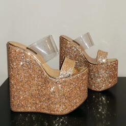 Golden Glitter Transparent Wedge Mules