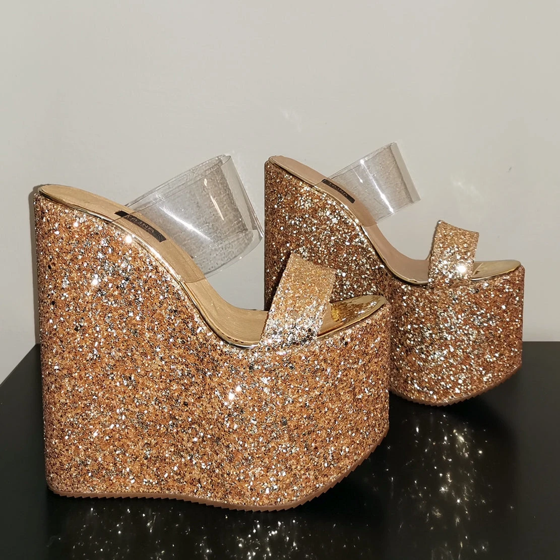 Golden Glitter Transparent Wedge Mules 1 Golden Glitter Transparent Wedge Mules