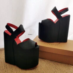 Black Red Extra Heel Wedge Sandals -Tajna Shoes extra high heel wedge shoes 20 cm 3