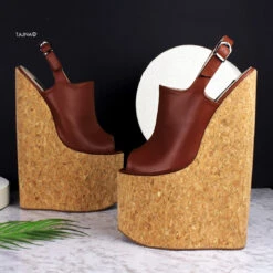 25 Cm Brown Extreme High Heel Cork Sandals -Tajna Shoes extreme 25 cm 30 cm 12 inches high heel wedges shoes 4