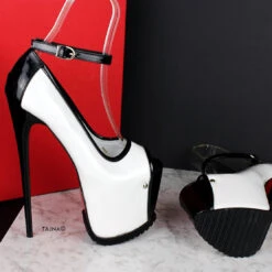 Serrated Sole White Black Ankle Strap Heels