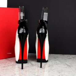 Serrated Sole White Black Ankle Strap Heels -Tajna Shoes extreme high heel bondage shoes high hees white black ankle strap 3